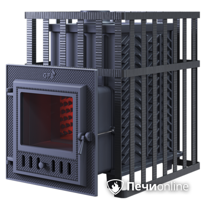Дровяная банная печь Гефест ЗК в сетке-18 (М) чугунная дверца со стеклом, запатентованная каменка сетка в Калининграде
